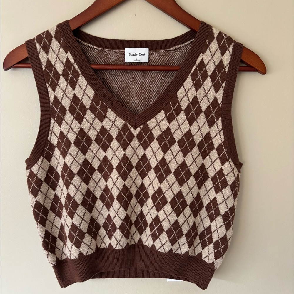 Sunday Best Argyle Knit Sweater Vest in Brown and Cream Size Small